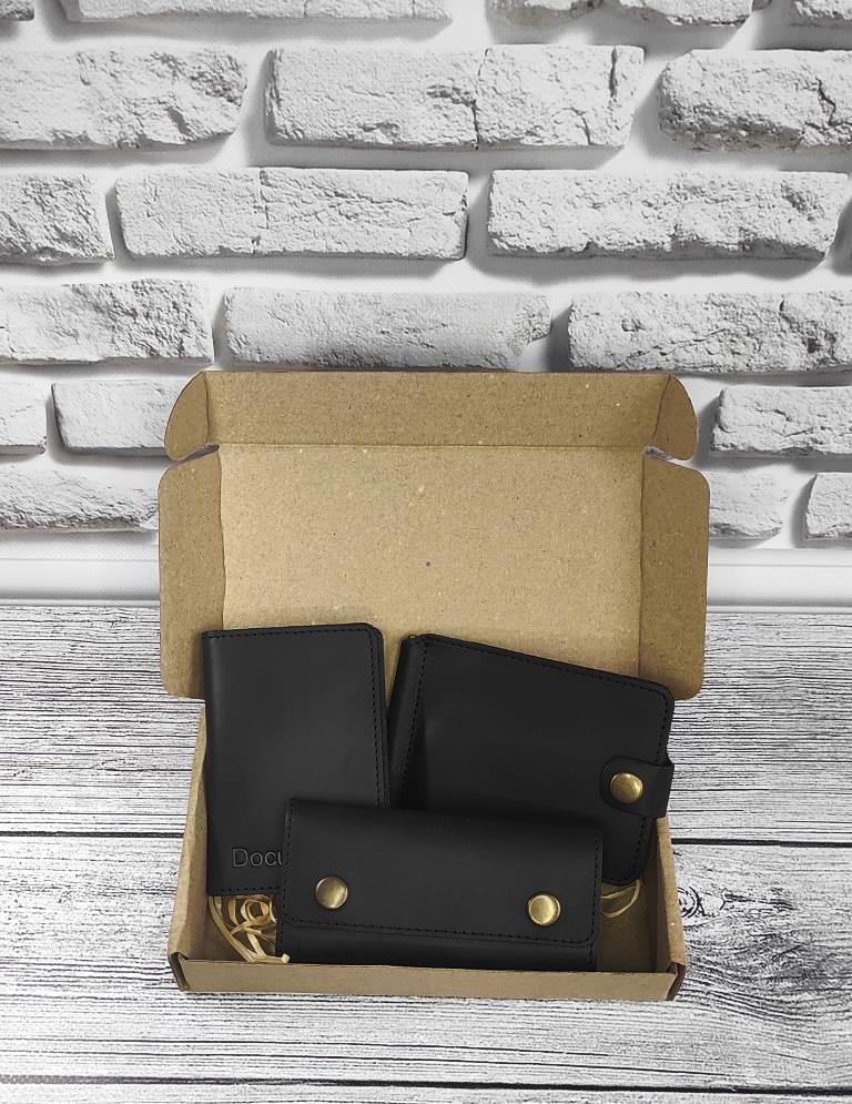 Подарунковий набір DNK Leather №7 (Затиск + обкладинка на права, ID паспорт + Ключниця) чорний